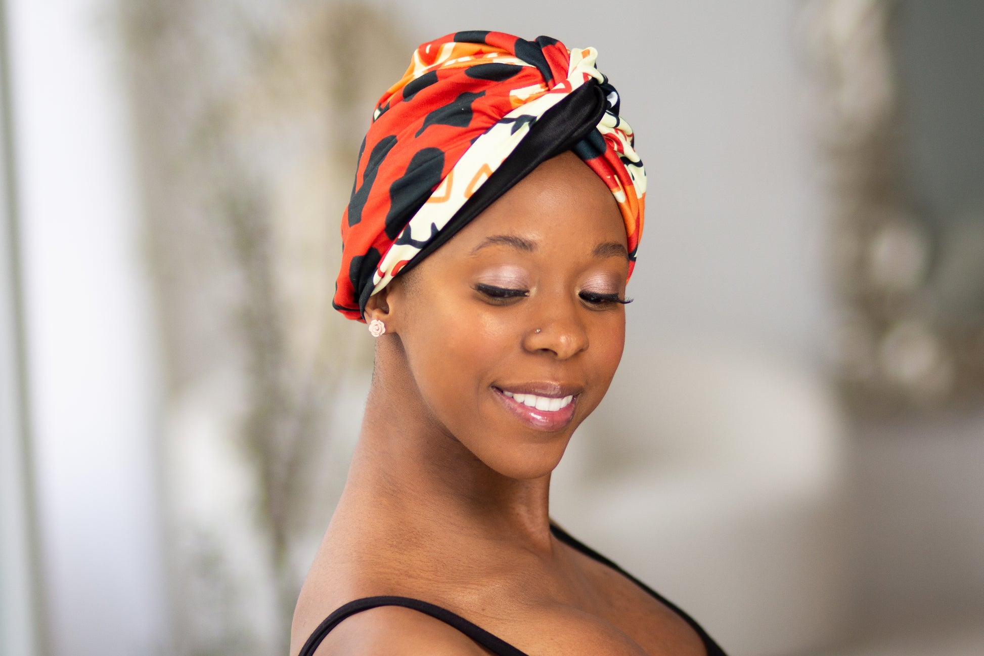 Red and black pattern turban with satin lining
